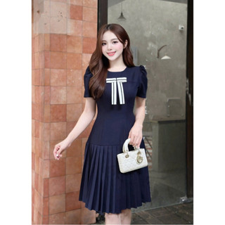 Váy đầm thiết kế xếp ly dáng xòe cổ tròn phối nơ nhẹ nhàng đi làm, đi tiệc có Bigsize (V47)