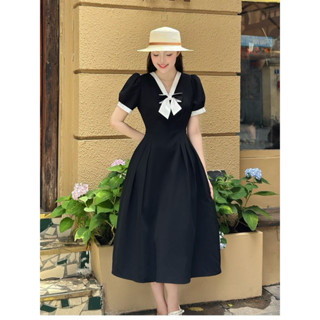 Váy đầm thiết kế U&M có Bigsize cổ V phối nơ dáng xòe nhẹ nhàng đi làm đi chơi, đi tiệc  (V45)