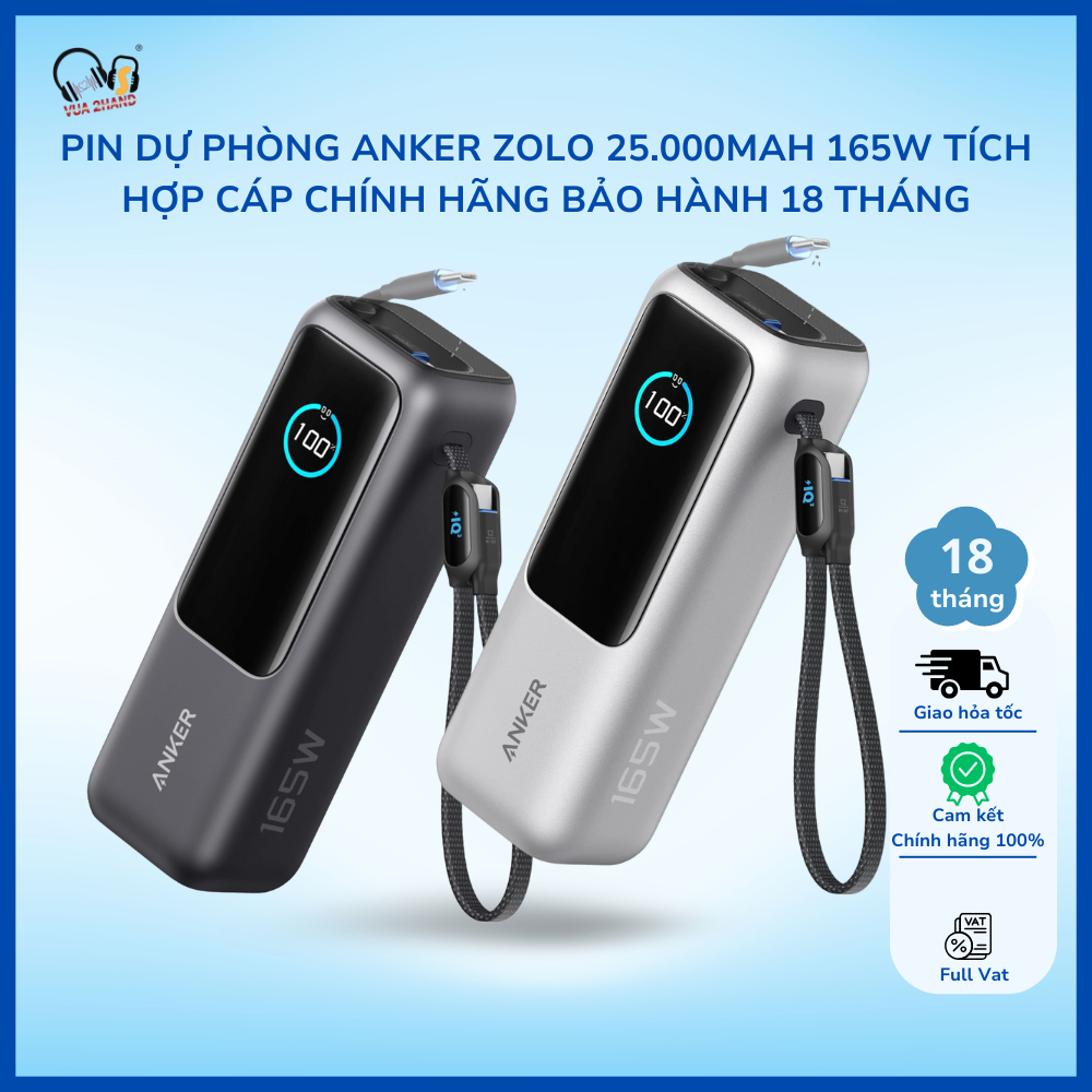 Pin Sạc Dự Phòng Anker 25000mAh 165W (A1695) - Tích Hợp Cáp Rút Gọn, Màn Hình Thông Minh