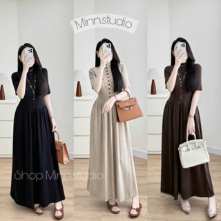 [Minn.studio] Váy Len Thỏ Cổ 3p Khuy Đen dáng dài. Phom váy babydoll chất len đẹp, mịn, co dãn (Hàng QC)