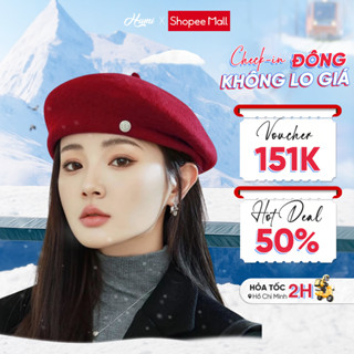 Mũ nồi nữ HUMI nón beret dạ cao cấp Hàn Quốc đội lệch kiểu dáng thanh lịch cổ điển có dây rút
