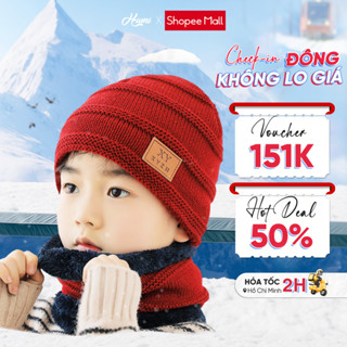 Combo Mũ + Khăn ống len cho bé trai HUMI chất len lót lông giữ ấm cho bé từ 4-12 tuổi