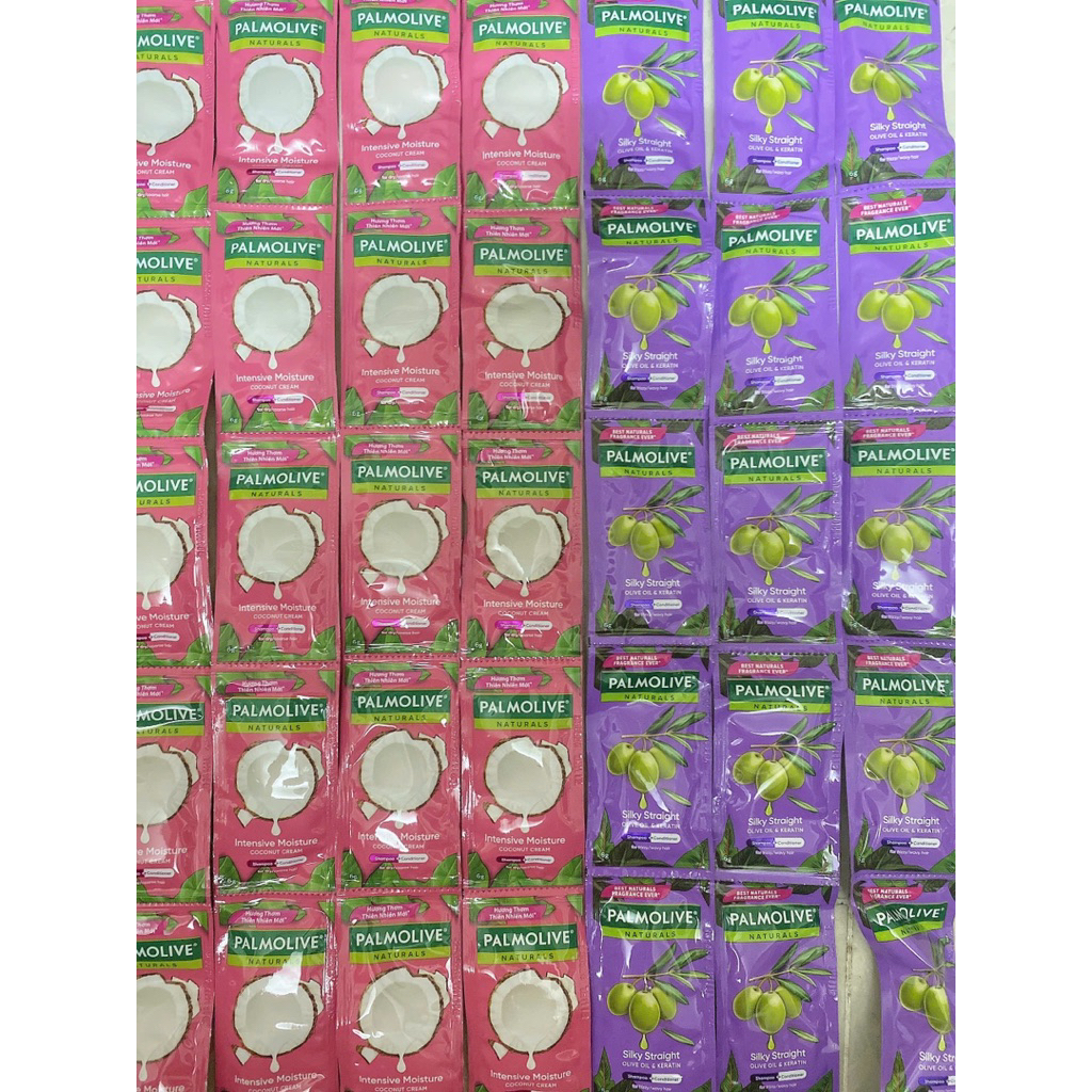 5 dây dầu gội có dầu xả Palmolive dưỡng ẩm bổ sung dây 10 gói 6g màu hồng, tím