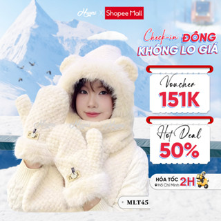 Mũ lông tai gấu HUMI giữ ấm 3 trong 1 phần đầu quàng cổ bao tay thiết kế dễ thương cho mùa thu đông