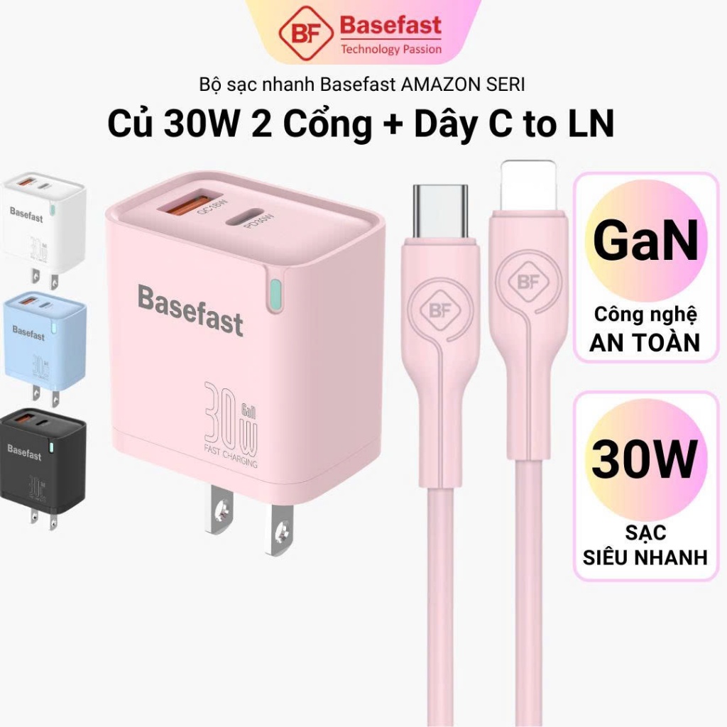Bộ sạc nhanh 30W 2 cổng Basefast Củ GAN công nghệ siêu bền dùng cho Phone xs 12 11 13 14 pro max