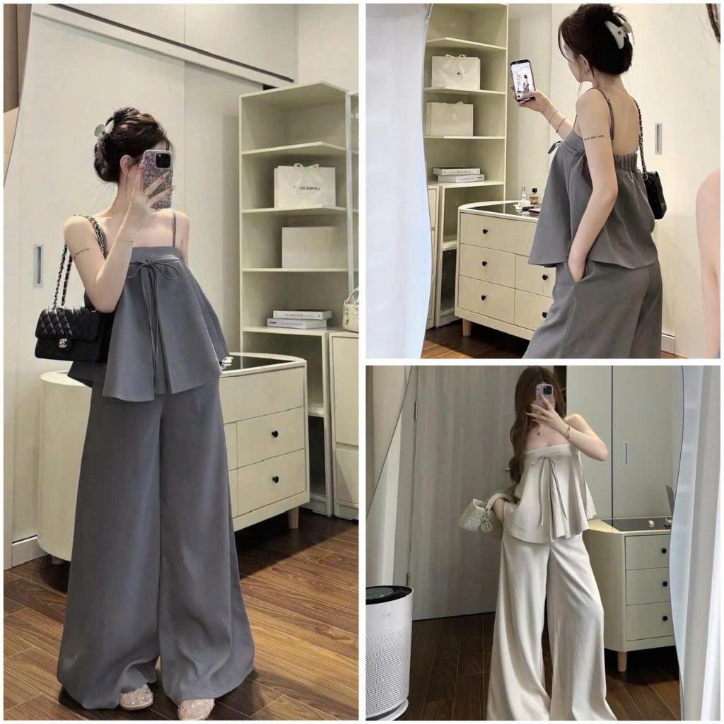 Sét bộ áo dây tùng babydoll nơ dây phối quần ống rộng trẻ trung_SBNT_0793