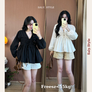  Áo babydoll nữ SALY cổ V cbo chun eo Áo sơ mi kiểu chất đũi tơ mềm mát Aobabydoll02_P5K5 