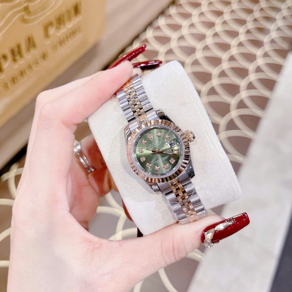[ Russia Store ] Đồng Hồ Nữ RoLLex Xanh Viền Băm Dây Demi Sang Chảnh Case 34mm Máy Pin Nhật