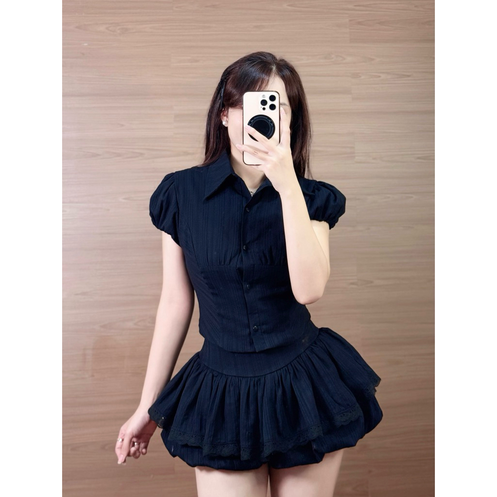 Set áo sơ mi tay bồng + Quần bí giả váy HH106 HaLuu Store phong cách năng động trẻ trung cho nữ | BigBuy360 - bigbuy360.vn