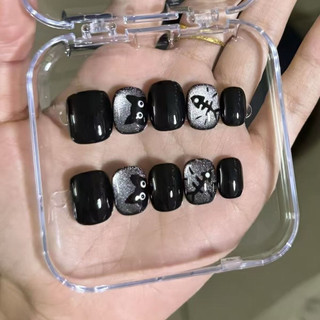 B292 Nailbox sơn gel đen mắt mèo bạc vẽ mèo vuông siêu ngắn