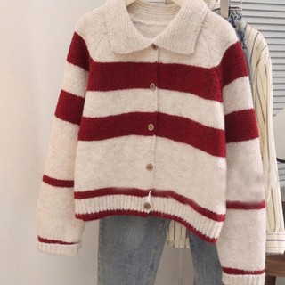  Áo Len Cardigan Nữ Sọc Ngang Đỏ Trắng Form Rộng Cổ Bẻ Trẻ Trung Thời Trang Thu Đông 