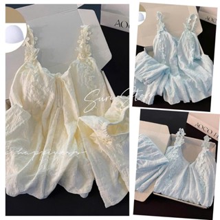 Bộ Đồ Ngủ Nữ 2 Dây Hoa Thêu Lụa Mềm Mát | Pijama Dáng Rộng Kèm Quần Short Lưng Thun Dễ Thương Màu Xanh & Kem