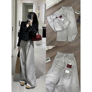 Quần bò Jean Nữ Lưng Cao Ống Rộng, quần bò Denim dáng Suông màu Xám ghi Retro tag da Denim Mềm Hach Dáng