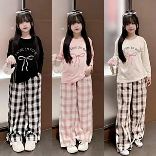   Không Túi Set Bộ Quần dài Kẻ đi kèm Áo in Nơ và Chữ LaVieDeRose cực Xinh và HótHít dành cho bé gái từ 14-50Kg. 