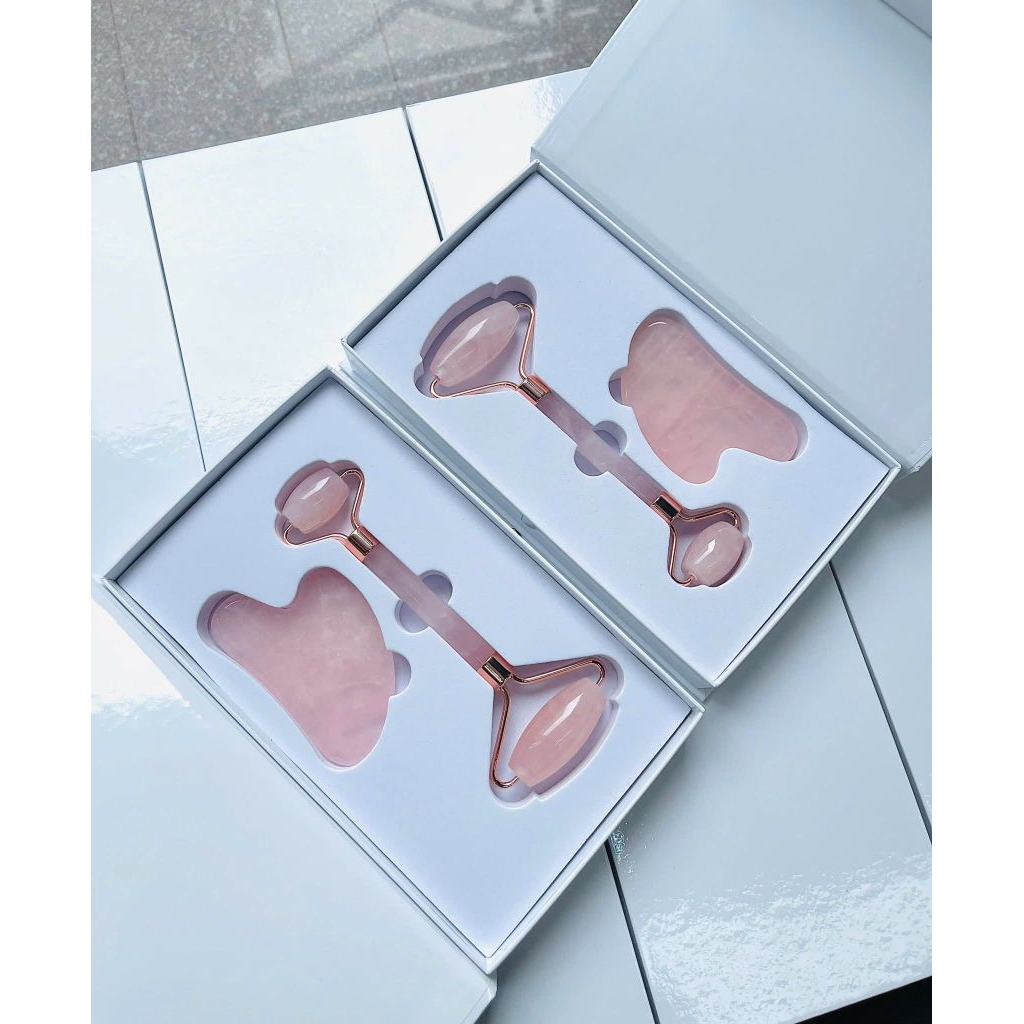 set lăn mặt + guasha thạch anh hồng đá thiên nhiên