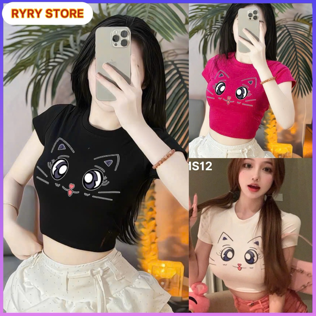Áo Croptop Nữ In Hình Mèo Dễ Thương, Áo Thun Croptop Ngắn Nữ Form Ôm, Áo Croptop Nữ Cá Tính Xinh Xắn