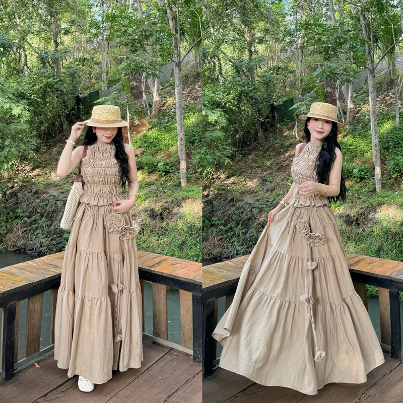 Set đi biển, đồ đi biển áo yếm nhún tầng chân váy tầng dài xoè 2 lớp đính hoa