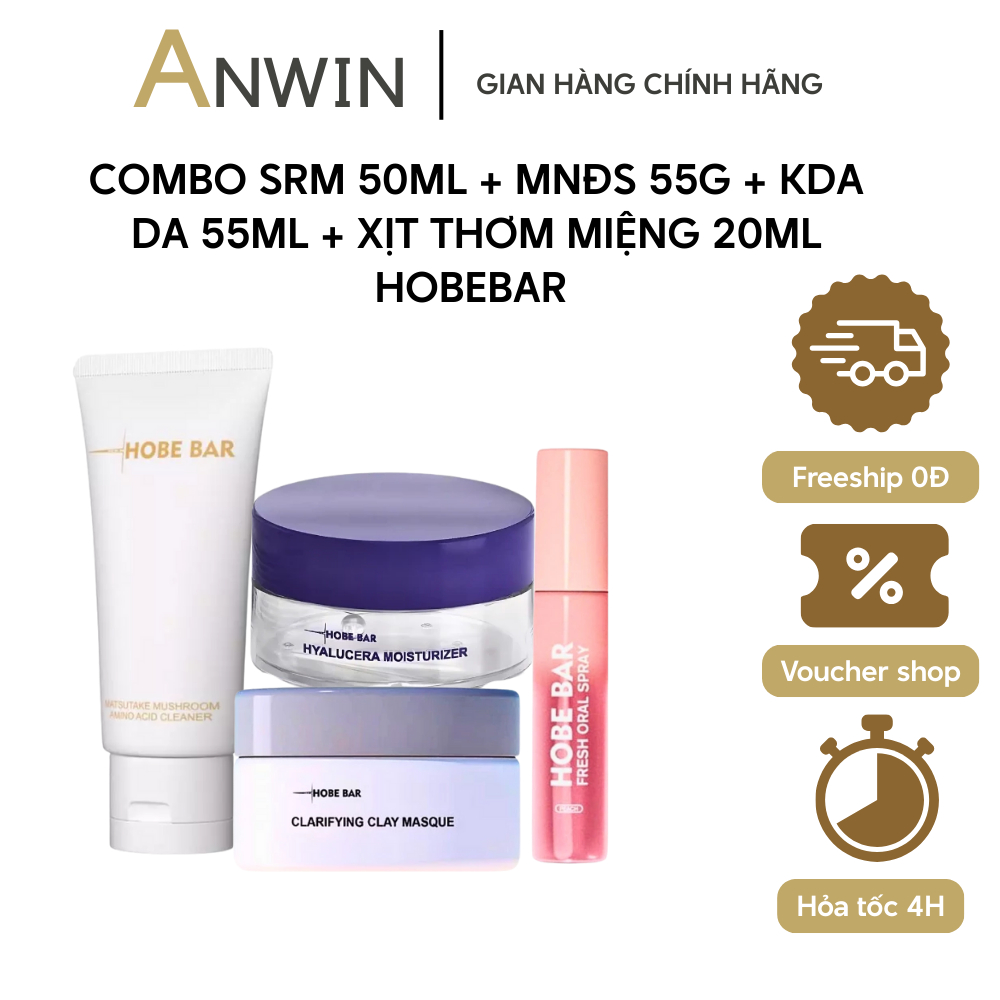 Combo Chăm Sóc Da & Hơi Thở HOBEBAR 4in –Sữa Rửa Mặt 50ml + Mặt Nạ Đất Sét 55g + Kem Dưỡng Ẩm 55g + 