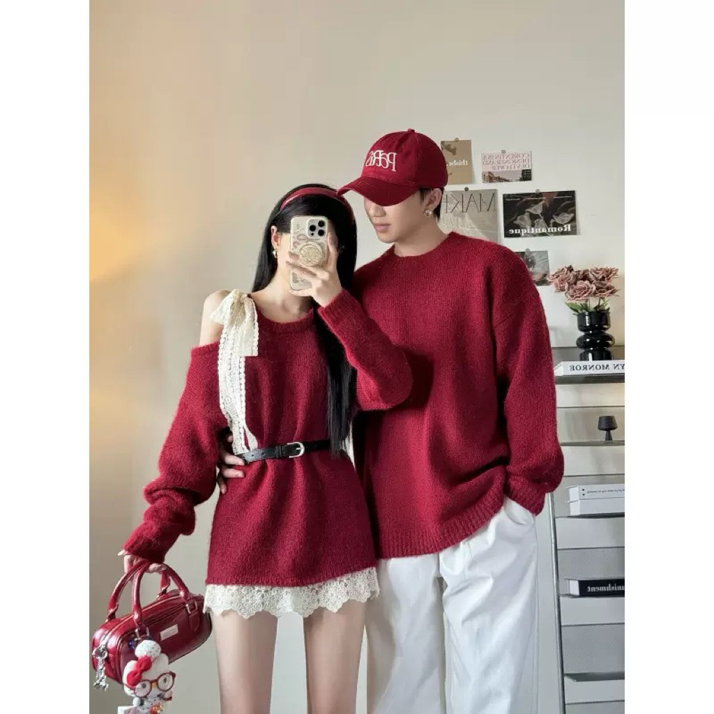 Áo Đôi Đồ Đôi Len Màu Đỏ Nổi Bật Mùa Giáng Sinh Tết Nguyên Đán Cho Cặp Đôi