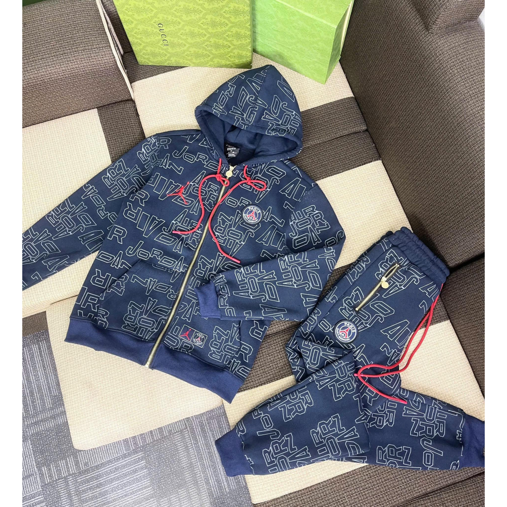 Bộ nỉ Dài tay thu đông nữ PSG in 3D xanh COTTON Thêu cờ Mỹ Form Boxy Form Rộng Nam Nữ Unisex