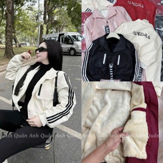 Áo Khoác Gió Nữ 2 Lớp Lót Lông Dày Dặn Kẻ Sọc Thể Thao Dáng Croptop,Kháng Nước,Cản Gió,Giữ Ấm Cơ Thể