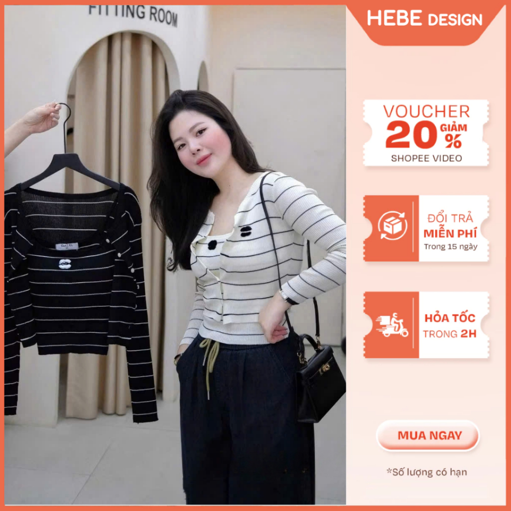 Bộ Cardigan Len Nữ Sachiko Kẻ Sọc Ulzzang, Set 2 Món Áo Khoác Len Dài Tay Phối Áo 2 Dây Basic Hebe B
