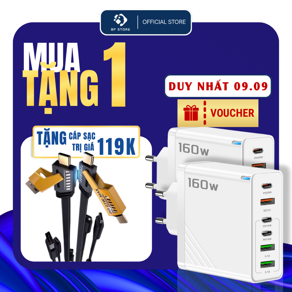 [TẶNG MIỄN PHÍ CÁP SẠC 4IN1] Củ Sạc Đa Năng 160W–6 Cổng USB & Type-C, Sạc điện thoại, laptop.
