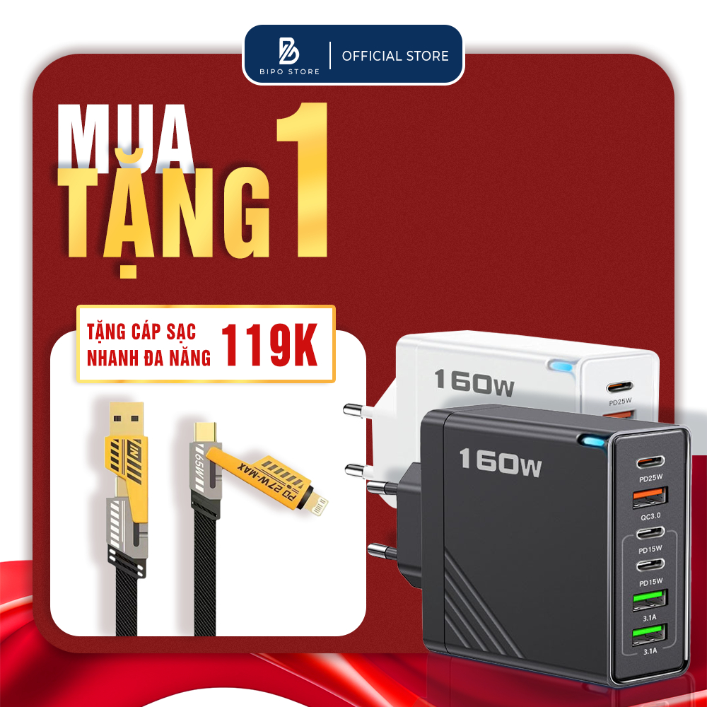 [ MUA 1 ĐƯỢC 2 ] ComBo Bộ Sạc 160W Đa Cổng – 3 Type-C + 3 USB, Sạc 6 thiết bị cùng lúc, ổn định.