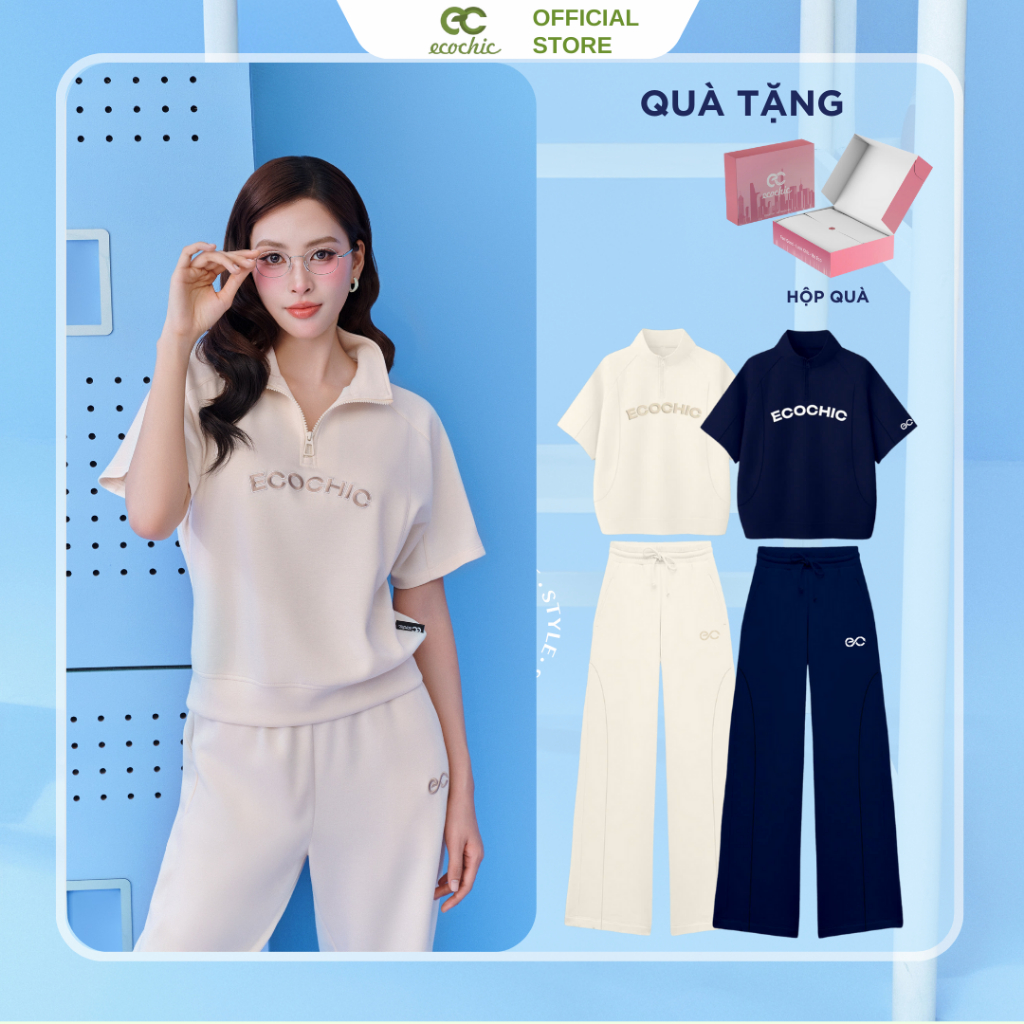 Set Bộ ECOCHIC FRERCE WINK SET Áo Tay Lỡ Cổ Cao Halfzip Quần Dài Cạp Cao Chất Liệu Cao Cấp Chính Hãn