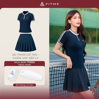  Bộ đồ Pickleball cầu lông tennis nữ Fitme CE áo thun cổ tàu chân váy xếp ly navy kèm quần bảo hộ 