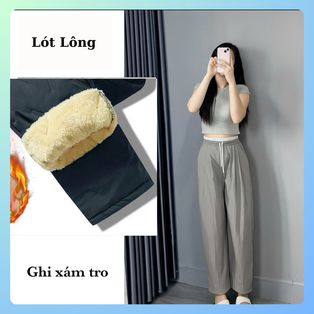 ( Có Lót Lông ) Quần Gió Lụa Dáng Bom Nữ - Quần Baggy Gió Phối Viền Cạp Siêu Nhẹ, Quần Thể Thao Phon