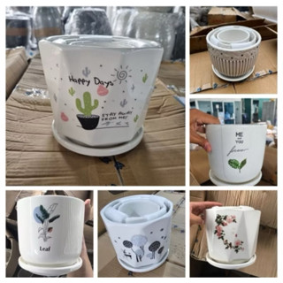 Chậu hoa gốm sứ trồng cây kèm đĩa hứng nước, chậu trồng cây đẹp phù hợp trồng cây để bàn, cây văn phòng, cây phong thủy
