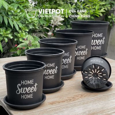 Chậu nhựa trồng cây VIETPOT, màu đen, hoa văn Sweet Home, trồng hoa kiểng lá, để nhà, sân vườn.