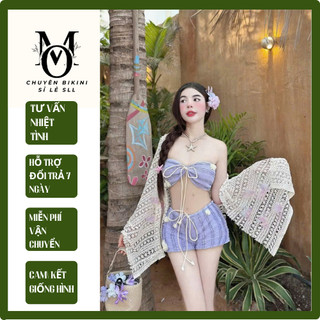 Bikini thiết kế ba món REN SHORT đính hoa kèm khăn choàng ren nữ tính [ BKN 1016 ]