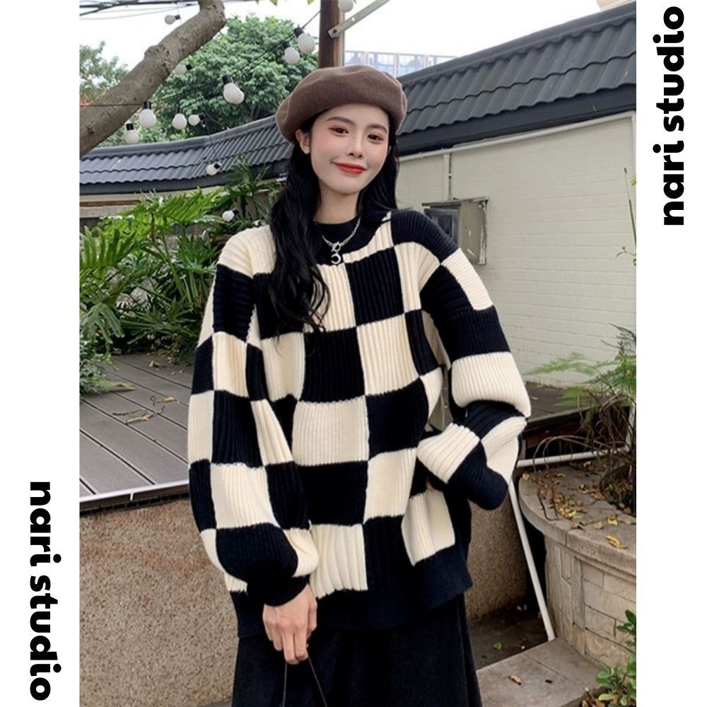 Áo len nữ form rộng dài tay dáng dài họa tiết kẻ caro to kiểu dáng ulzzang cổ tròn hàn quốc NARI AL41