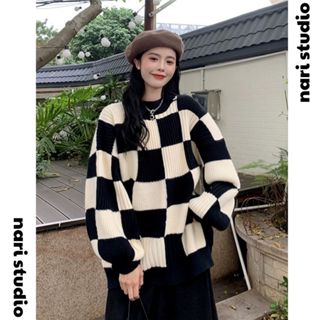 Áo len nữ form rộng dài tay dáng dài họa tiết kẻ caro to kiểu dáng ulzzang cổ tròn hàn quốc NARI AL41
