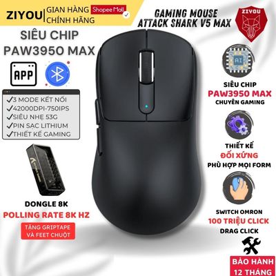 Chuột Gaming Esports Attack Shark V5MAX Chip PAW3950MAX, 42000 DPI, Switch Omron, 3 Mode, App Macro