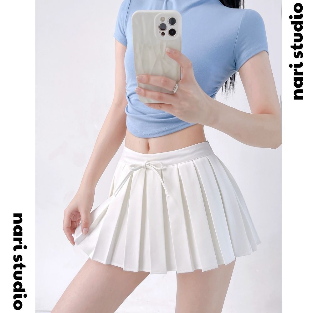 Chân váy ngắn tennis xếp ly đính nơ dáng xòe cạp cao màu trắng basic siêu hack dáng hottrend vải tuyết mưa dày dặn CV26