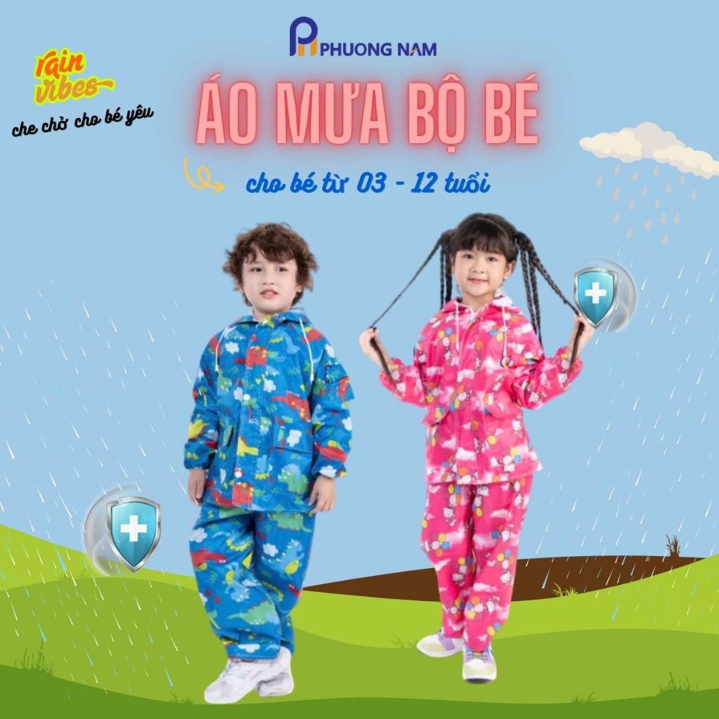  ÁO MƯA BỘ CHO BÉ ÁO MƯA BỘ TRẺ EM CAO CẤP PHƯƠNG NAM hoạ tiết hoạt hình dễ thương đồ đi mưa cho bé 