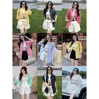 Sét bộ đùi 3 món nữ thiết kế năng động cá tính set áo thun gân3 lỗ kèm khoác sơ mi lụa phối quần đùi cotton lạnh kèm nịt