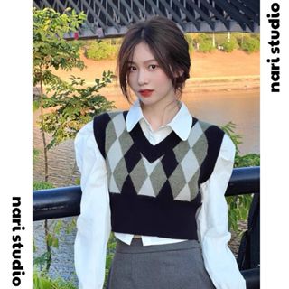 Gile nữ ulzzang họa tiết phối màu hình trám, Áo len ghi lê kiểu hàn form vừa basic kiểu dáng học sinh GL10