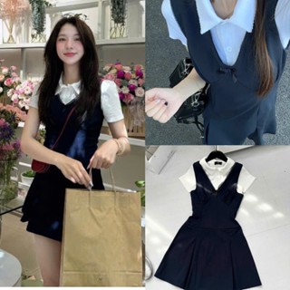   Siêu Phẩm : Set Áo Polo Trắng Mix Váy Yếm Rời Xếp Ly Viền Ren Đính Nơ Dáng Ngắn Hack Tuổi Xinh Xỉu- Ảnh Thật Lollaye 