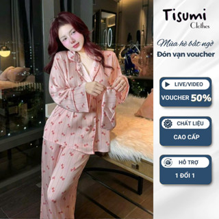  Pijama nữ lụa hồng kẻ sọc và nơ cổ V quần suông đồ ngủ nữ tay dài tiểu thư sang chảnh HCOM26543 