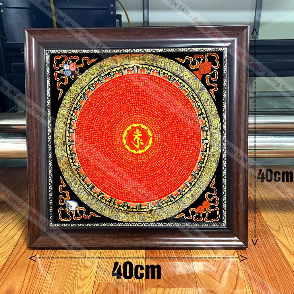Tranh Chú Lăng Nghiêm Mandala 40x40cm treo tường bằng vải phủ bóng, khung composite cao cấp.
