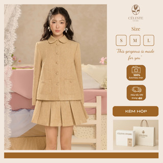 CÉLESTE - Set Áo Dạ  Donna Set Vải Dạ Tweed Tay Dài Cổ Sen Có Túi Và Chân Váy Dáng Ngắn Xếp Ly