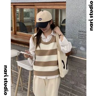 Áo gile len nữ pastel màu nâu, be cổ V kẻ vân nổi nhẹ nhàng phong cách hàn quốc GL29