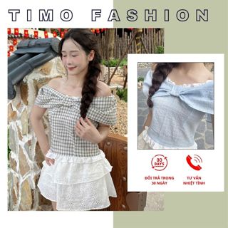  Áo trễ vai nữ kẻ caro dáng ôm tôn dáng áo kiểu nữ thời trang hè hottrend phối cùng chân váy AOT058 