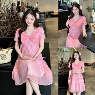  EVERMOM l Đầm bầu Sora ren thêu hoa hồng phối nơ lớn tiểu thư cổ V form đuôi cá trẻ trung 