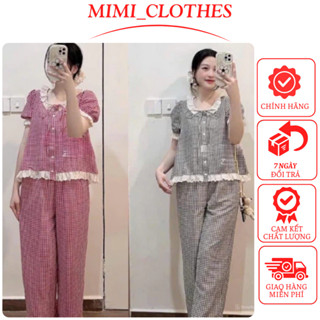 Bộ đồ ngủ nữ cộc tay phối ren gấu siêu sang, bộ pijama nữ caro dễ thương chất thô kẻ thoáng mát MIMI CLOTHES hcom3004