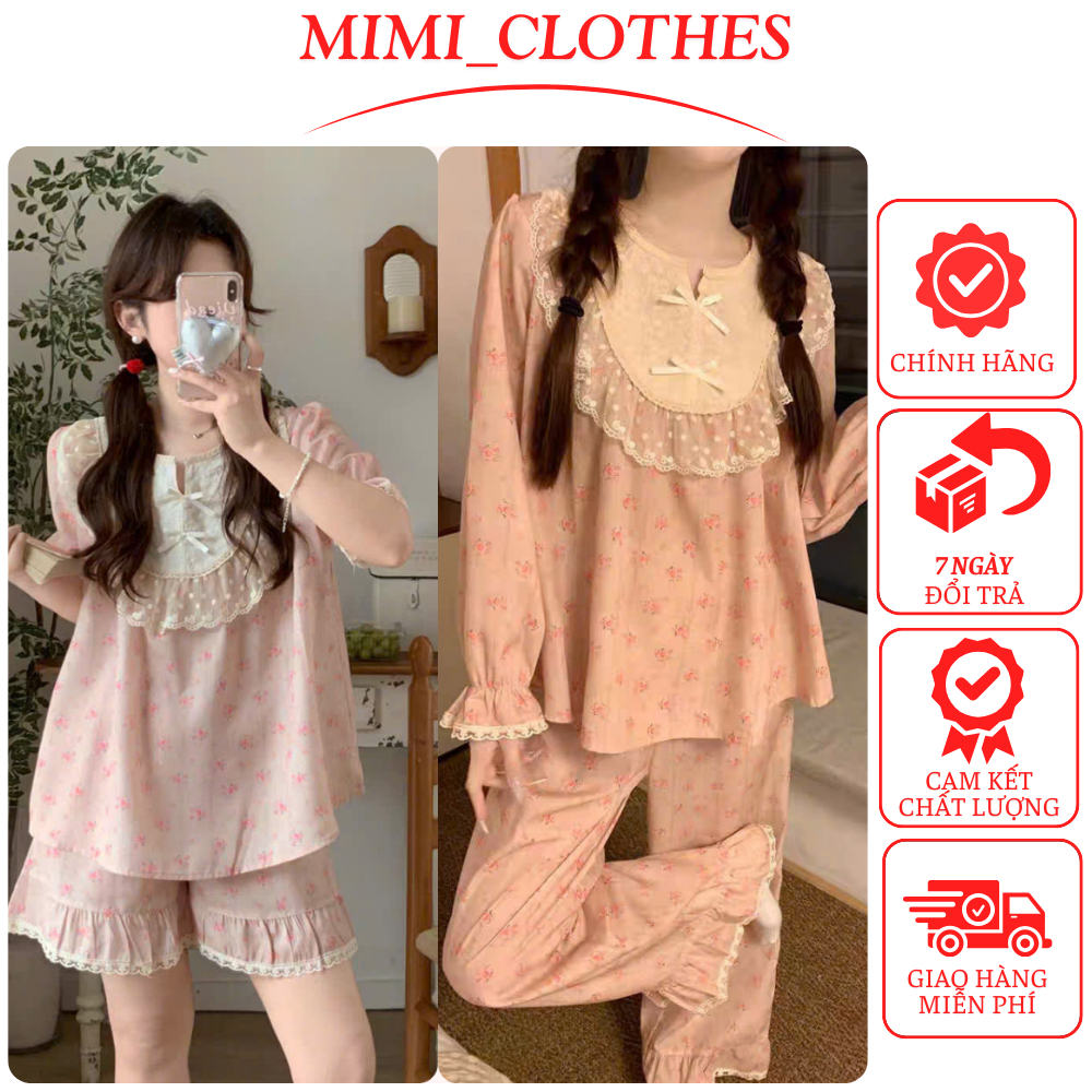 Đồ pijama nữ, bộ mặc nhà đũi họa tiết hoa phối ren cổ sen siêu sang MIMI CLOTHES hcom2818